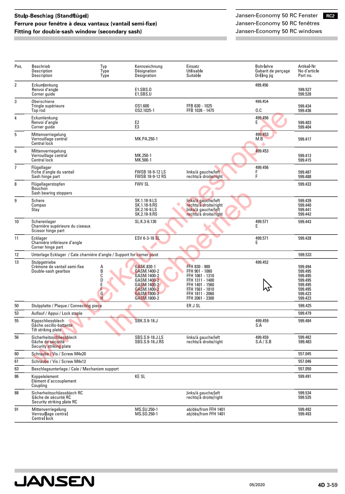 Ersatzteile für Jansen-Economy 50 RC Fenster, Stulp-Beschlag (Standflügel) RC2N